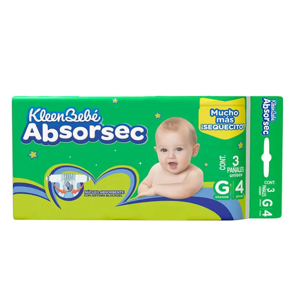 PAÑAL ABSORSEC KLEEN BEBE ETA 4 C/3 PZAS