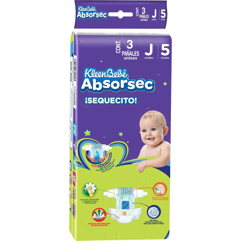 PAÑALES KLIIN BEBE ABSORSERC C/3 PZAS JUMBO